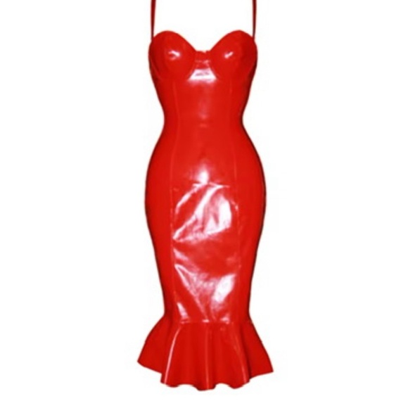 Fetish S-6XL plus size Red PVC leather strapless ruffle mermaid Dress CD sissy - Picture 6 of 8